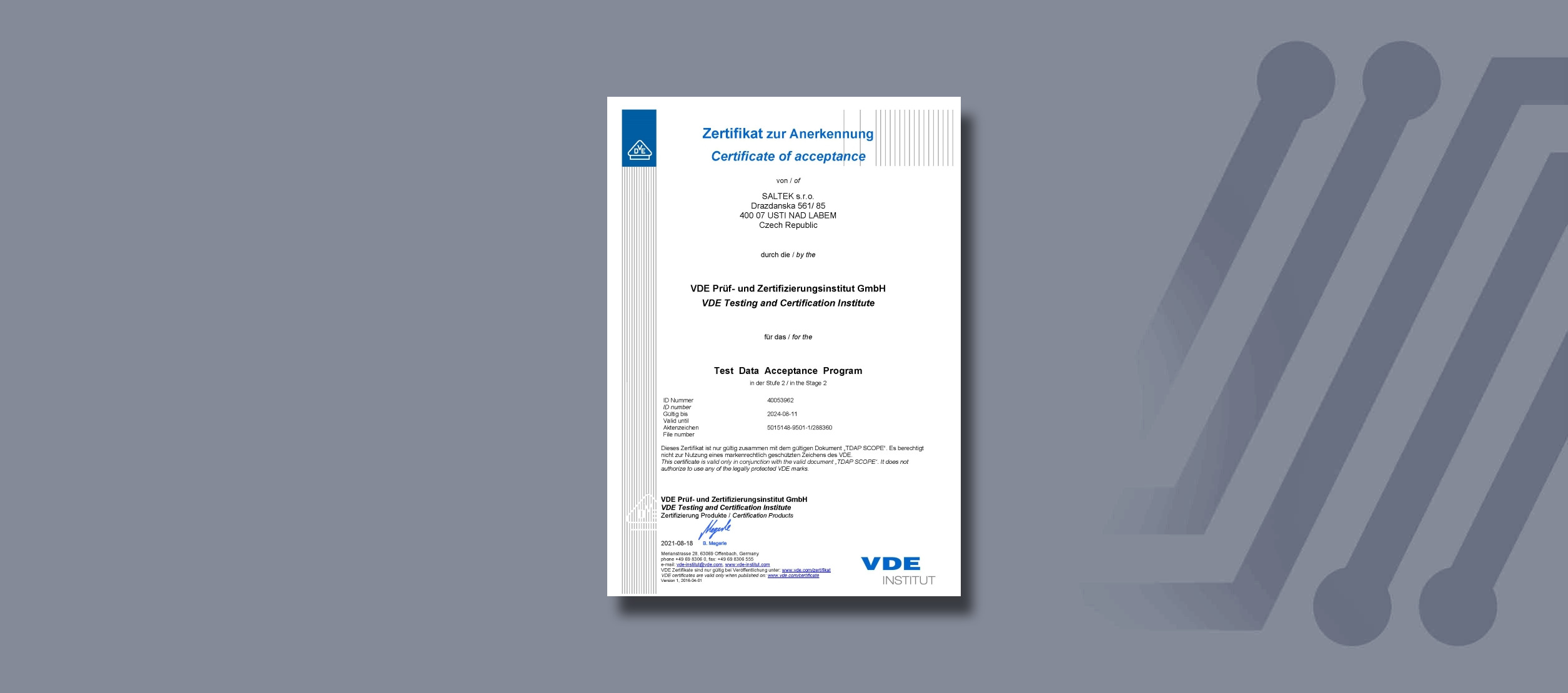 VDE Certification of SALTEK Laboratory